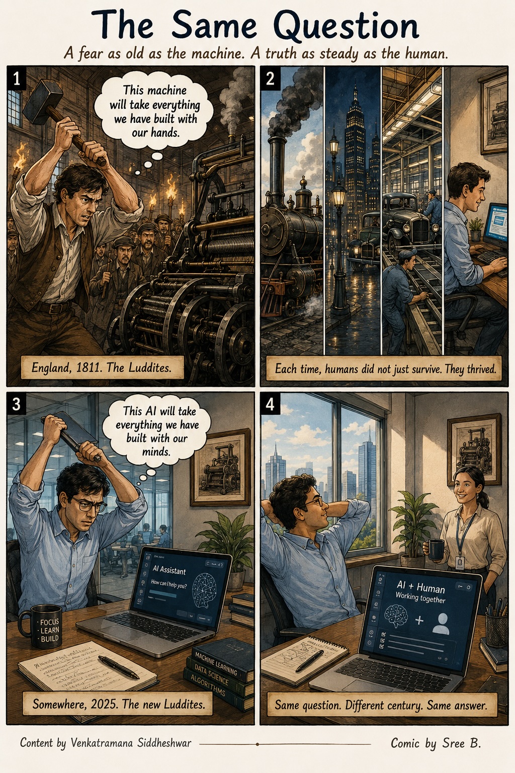A four-panel comic: Panel 1 — a Luddite smashing a steam loom in 1811. Panel 2 — a montage of humans thriving through technology across centuries. Panel 3 — a modern tech leader, same fear, different century. Panel 4 — the same person, calmer, working alongside AI.